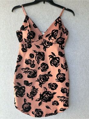 January 7 Dress Size L Pink Mini Slip Dress with Velvet Black Rose Print